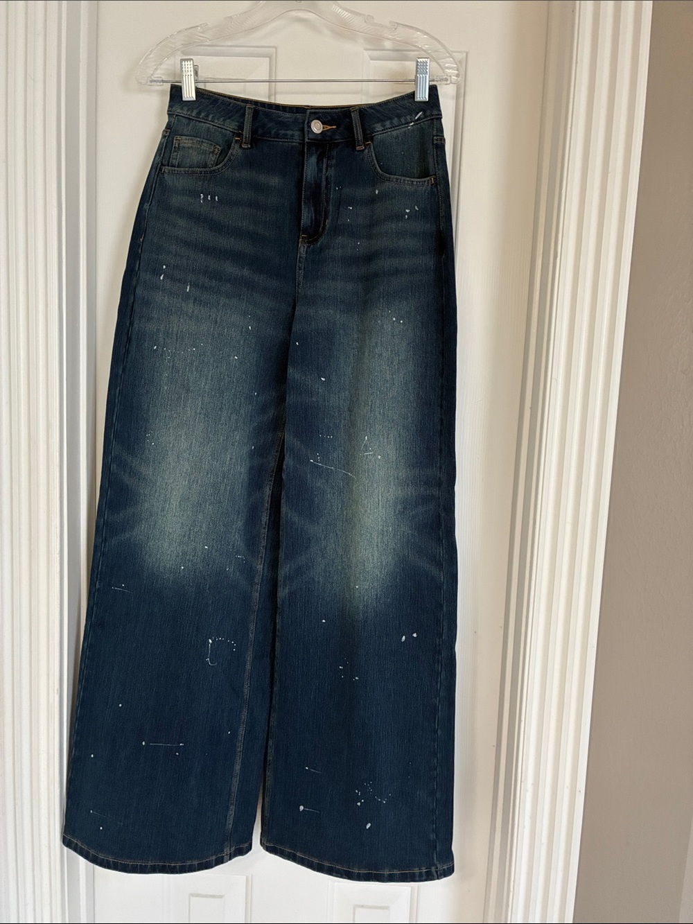 HALARA Dark Blue Wide Leg Jeans with Distressed Paint Splatter